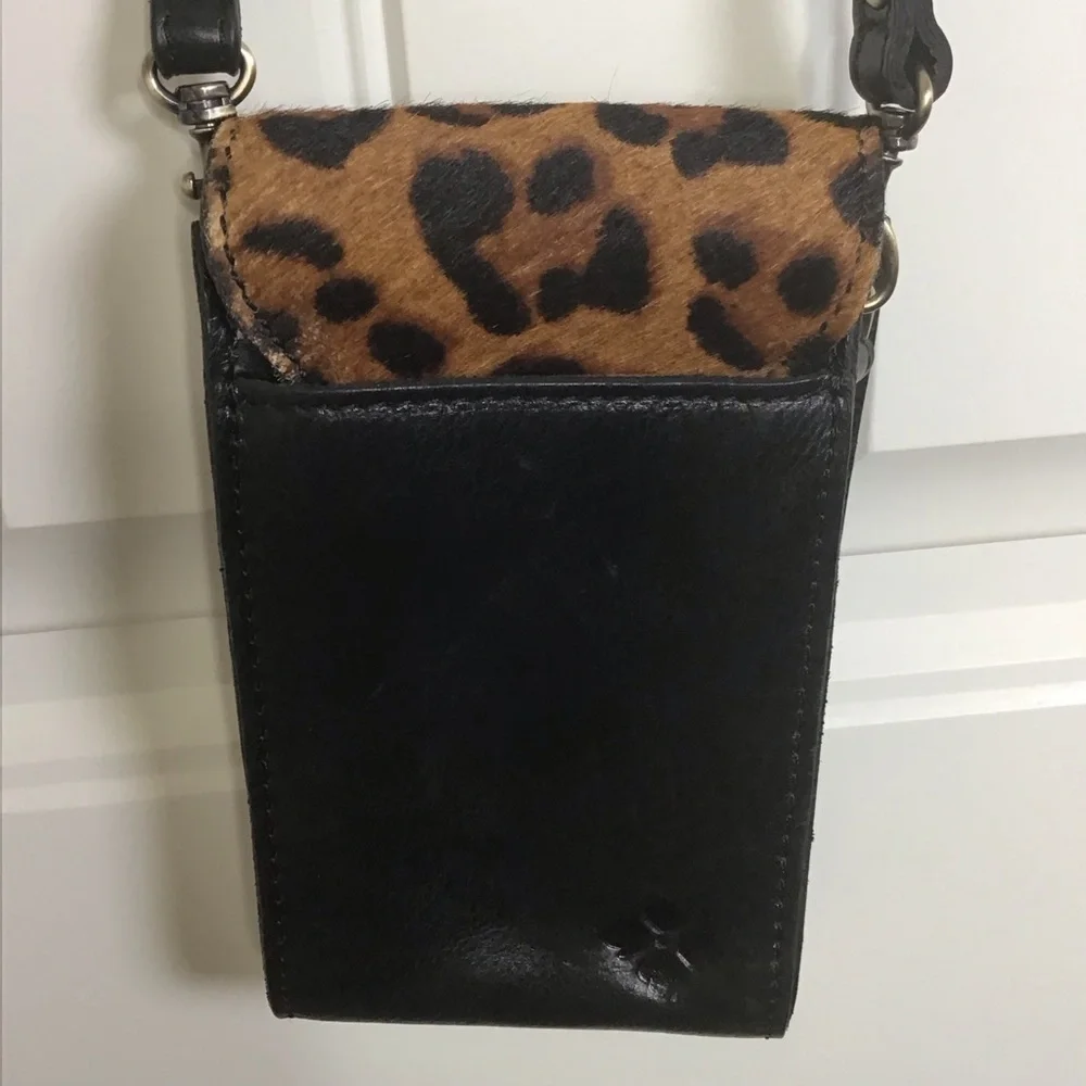 Patricia Nash Rivalta Leather Crossbody in Black Leather and Leopard Calf Hair.